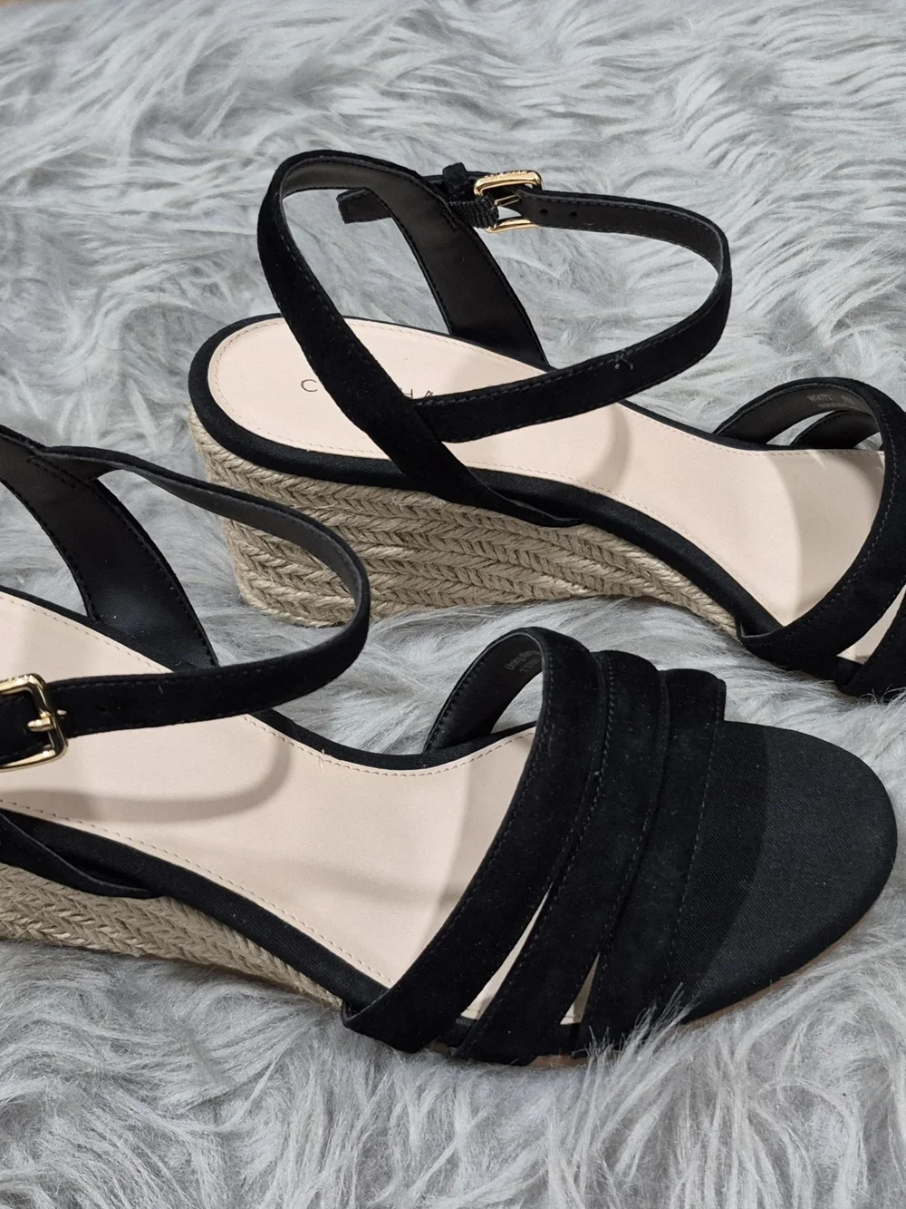 COLE HAAN Women's Black Suede Strap Espadrille Wedge Sandals Size 7.5B